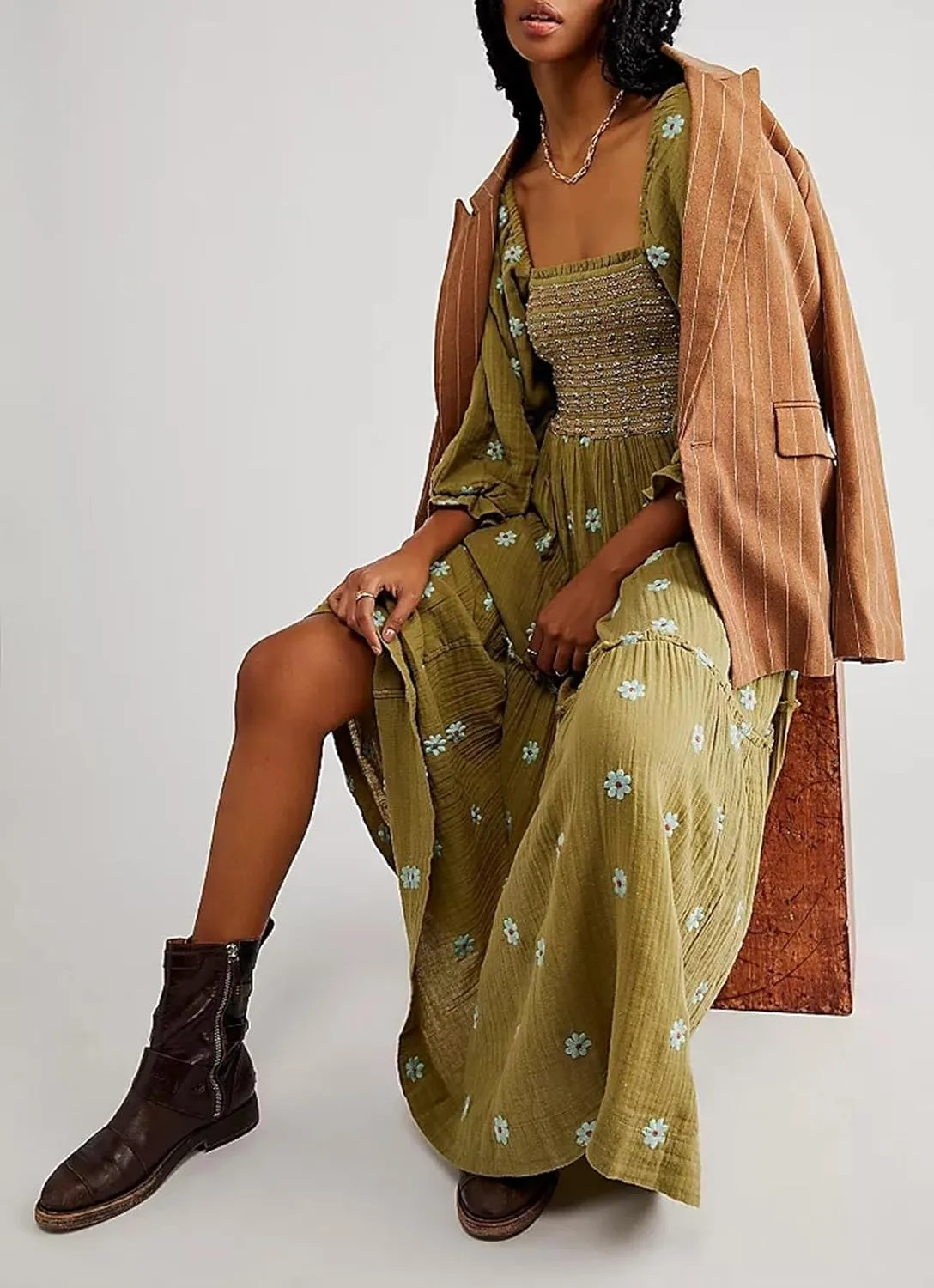 Women's Elastic Waist Flower Embroidered Maxi Dress Lantern Sleeve Square Neck Tiered Flowy Maxi Fall Dress