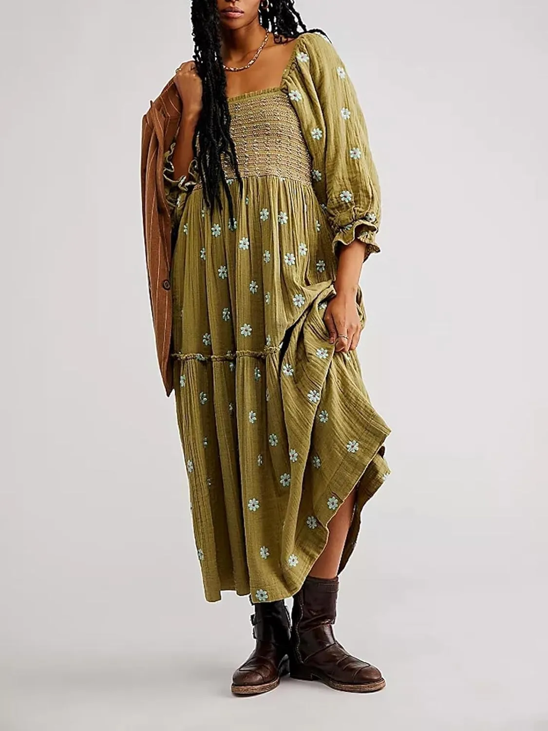 Women's Elastic Waist Flower Embroidered Maxi Dress Lantern Sleeve Square Neck Tiered Flowy Maxi Fall Dress
