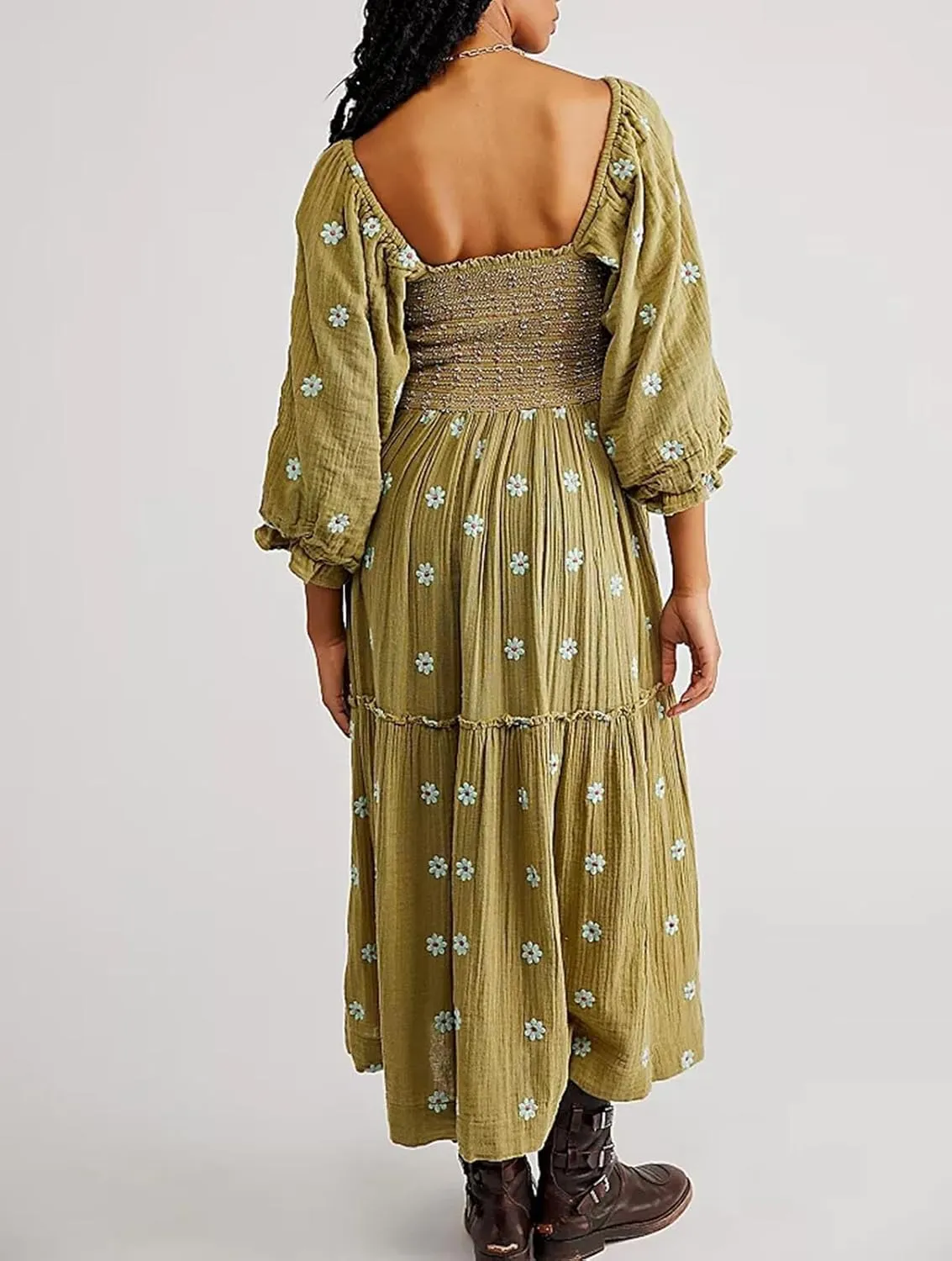 Women's Elastic Waist Flower Embroidered Maxi Dress Lantern Sleeve Square Neck Tiered Flowy Maxi Fall Dress
