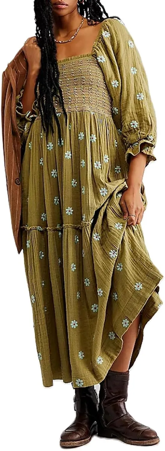 Women's Elastic Waist Flower Embroidered Maxi Dress Lantern Sleeve Square Neck Tiered Flowy Maxi Fall Dress