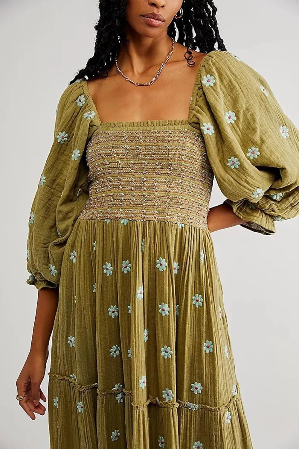 Women's Elastic Waist Flower Embroidered Maxi Dress Lantern Sleeve Square Neck Tiered Flowy Maxi Fall Dress