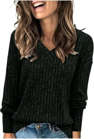 Women's Fall Tops 2024 Fashion V Neck Long Sleeve Shirts Blouse Knitted Casual Pullover Sweater Cozy Going Out Tops