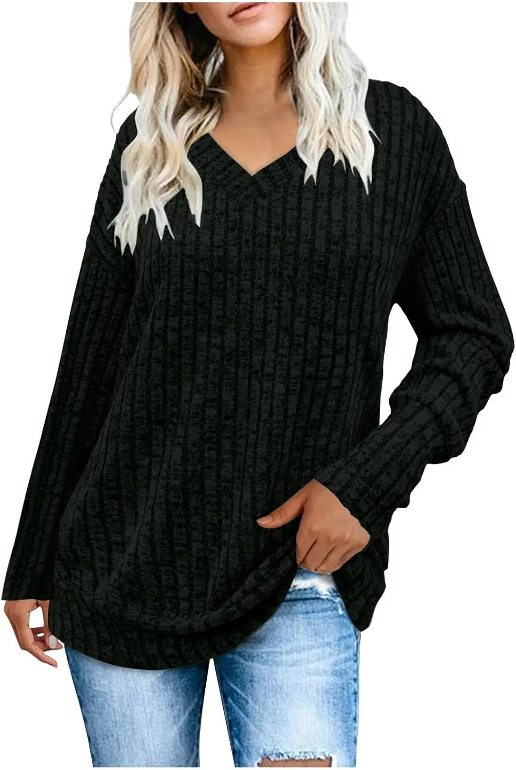 Women's Fall Tops 2024 Fashion V Neck Long Sleeve Shirts Blouse Knitted Casual Pullover Sweater Cozy Going Out Tops
