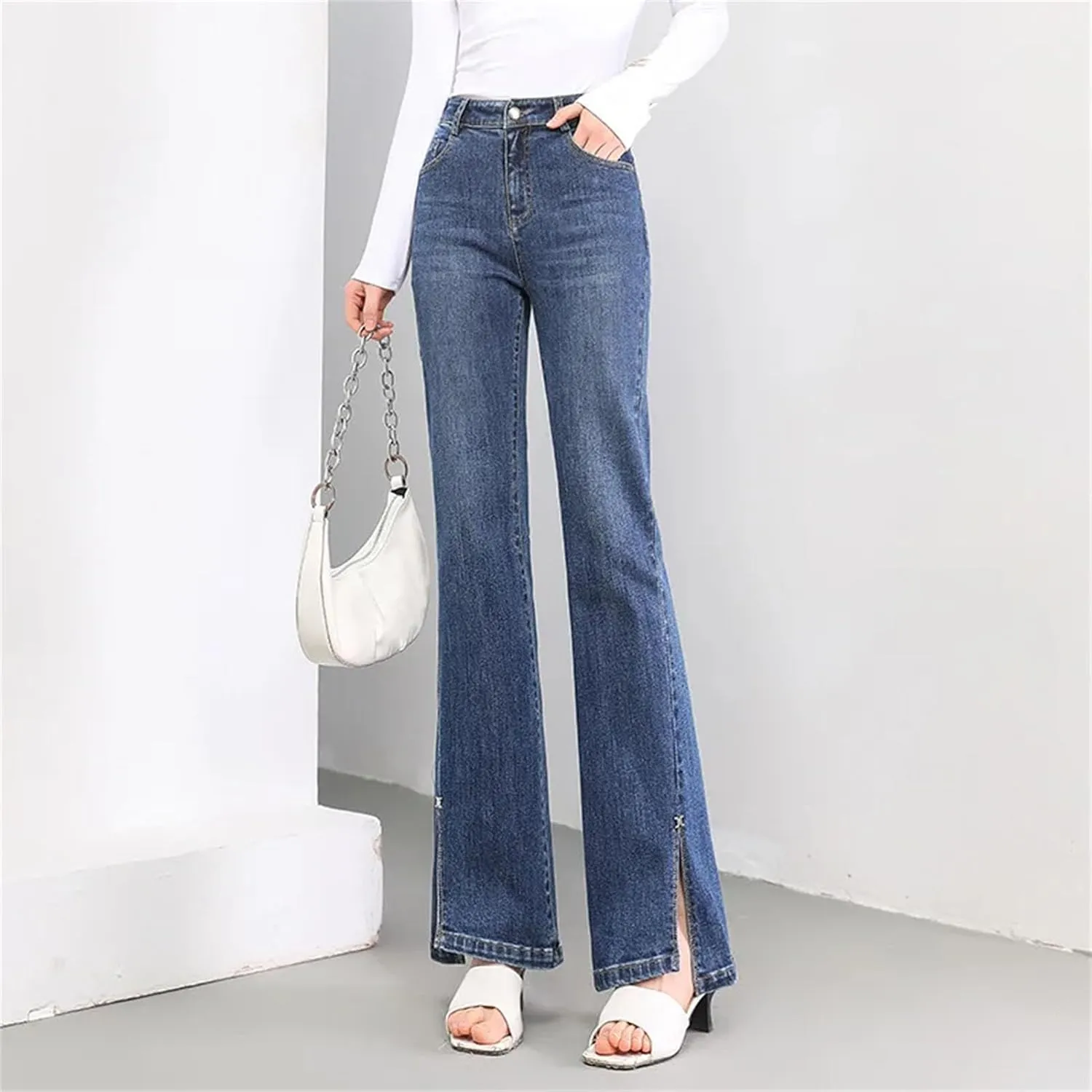 Women's Fashion Stretch Flare Denim Pants Elastic High Waist Flared Trousers Casual Skinny Jeans