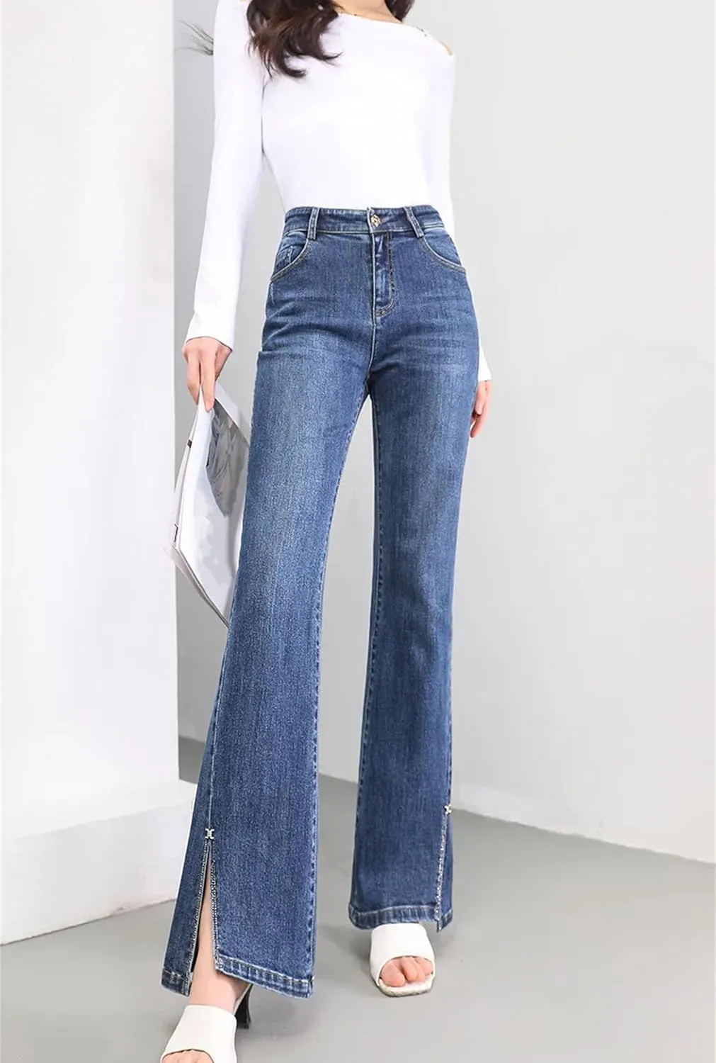 Women's Fashion Stretch Flare Denim Pants Elastic High Waist Flared Trousers Casual Skinny Jeans