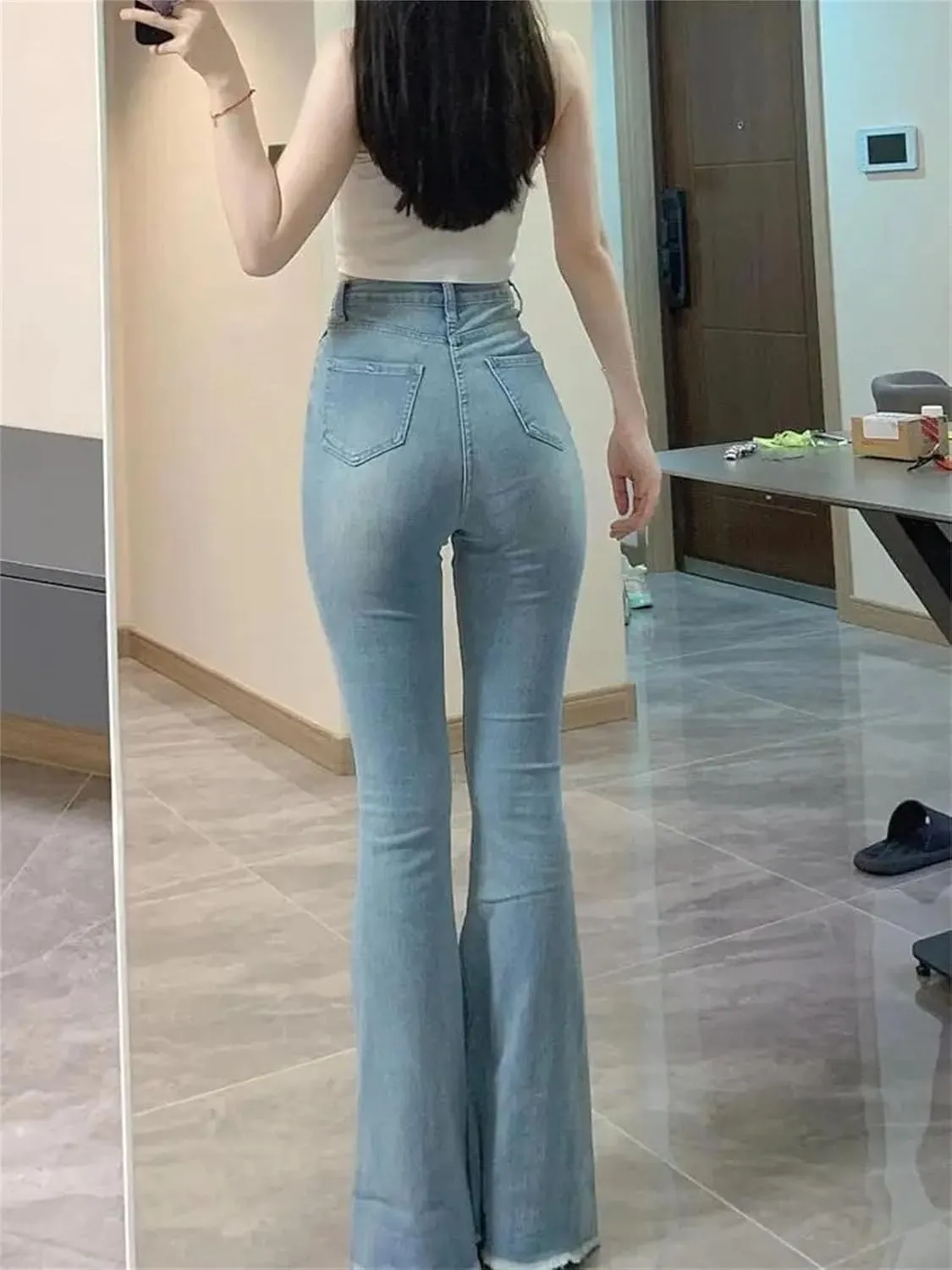 Womens Flared Jeans High Waist Slim Fit Denim Pants Stretch Skinny Casual Trousers