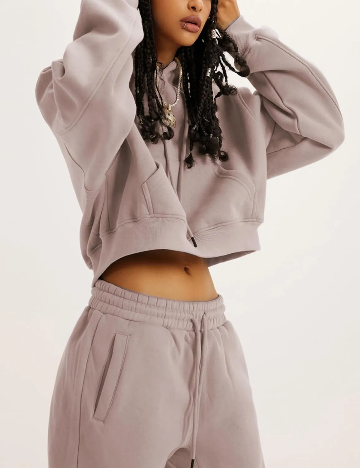 Womens Fleece 2 Piece Outfits Sweatsuit Crop Hooded Pullover Sweatshirt Top Jogger Sweatpants Tracksuits Set