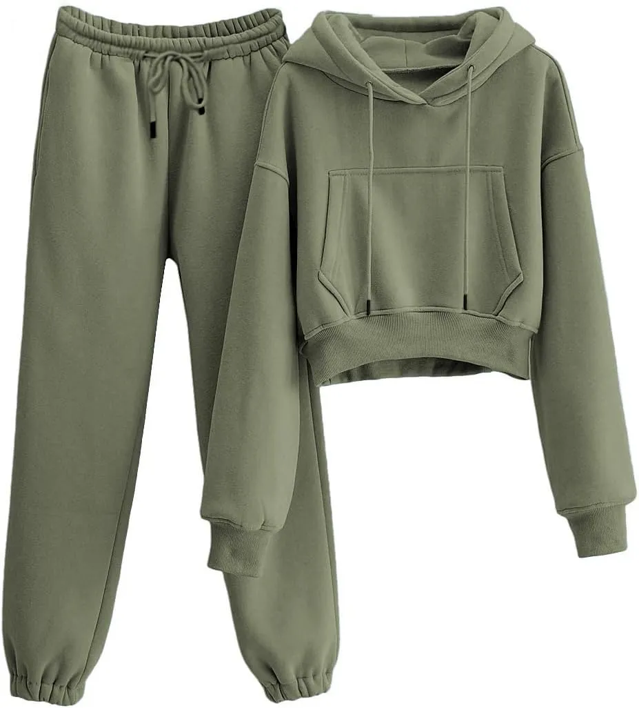 Womens Fleece 2 Piece Outfits Sweatsuit Crop Hooded Pullover Sweatshirt Top Jogger Sweatpants Tracksuits Set