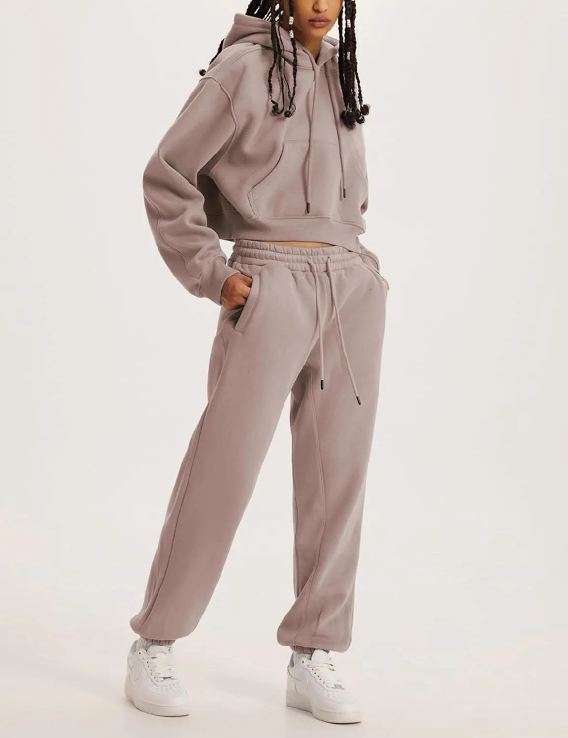 Womens Fleece 2 Piece Outfits Sweatsuit Crop Hooded Pullover Sweatshirt Top Jogger Sweatpants Tracksuits Set