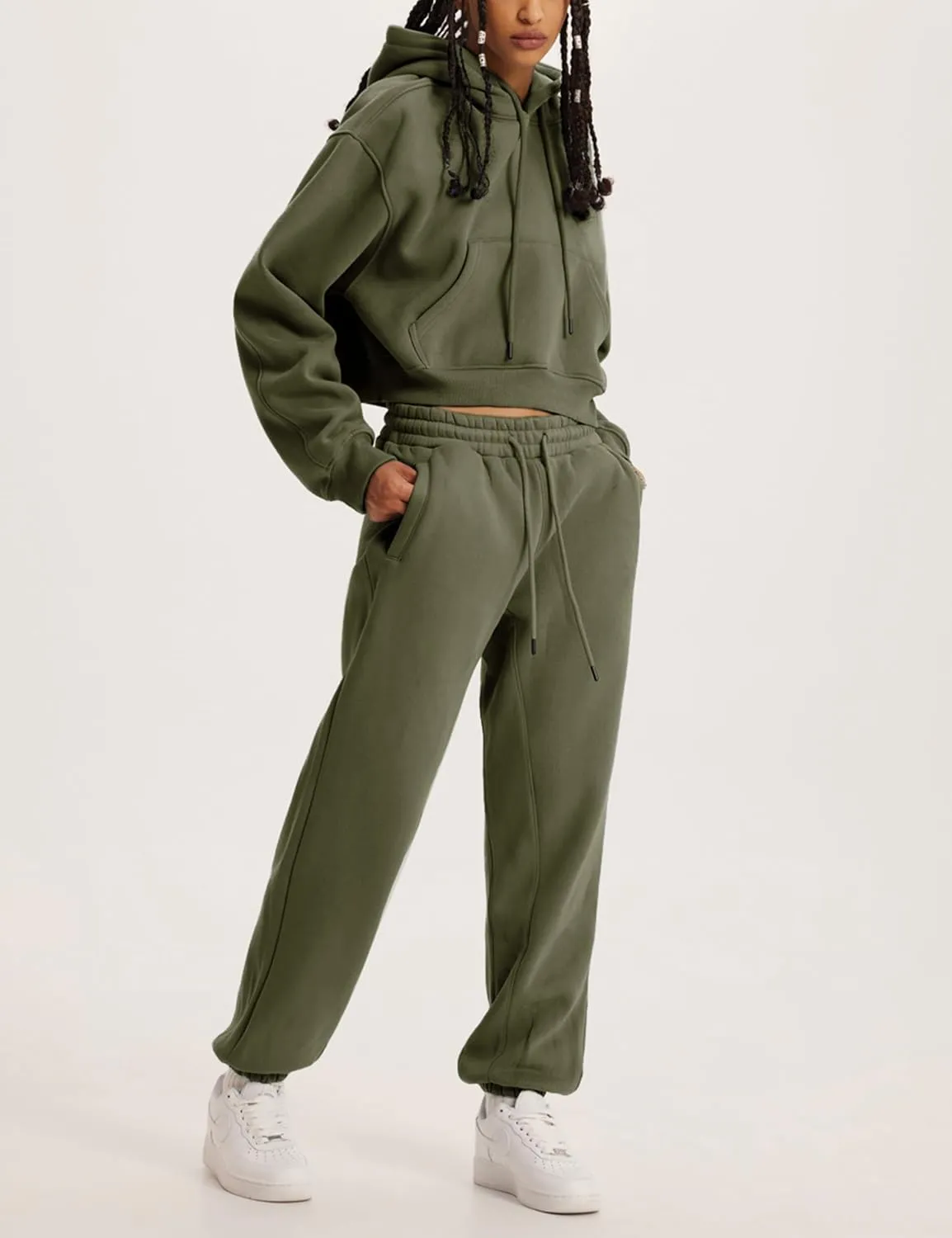 Womens Fleece 2 Piece Outfits Sweatsuit Crop Hooded Pullover Sweatshirt Top Jogger Sweatpants Tracksuits Set