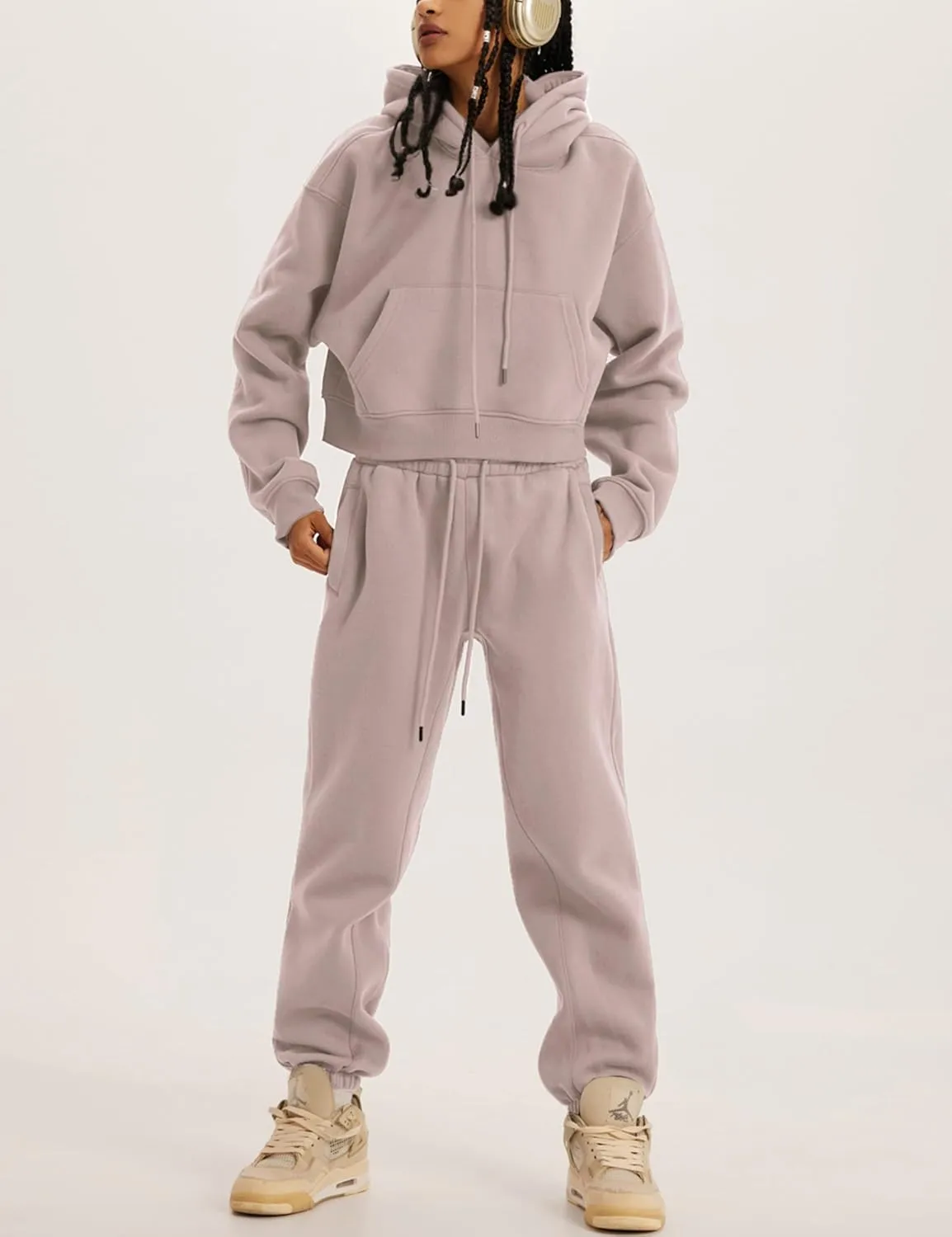 Womens Fleece 2 Piece Outfits Sweatsuit Crop Hooded Pullover Sweatshirt Top Jogger Sweatpants Tracksuits Set
