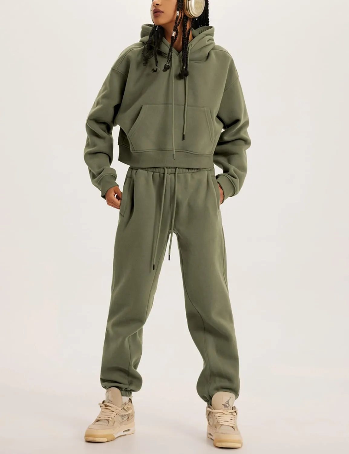 Womens Fleece 2 Piece Outfits Sweatsuit Crop Hooded Pullover Sweatshirt Top Jogger Sweatpants Tracksuits Set