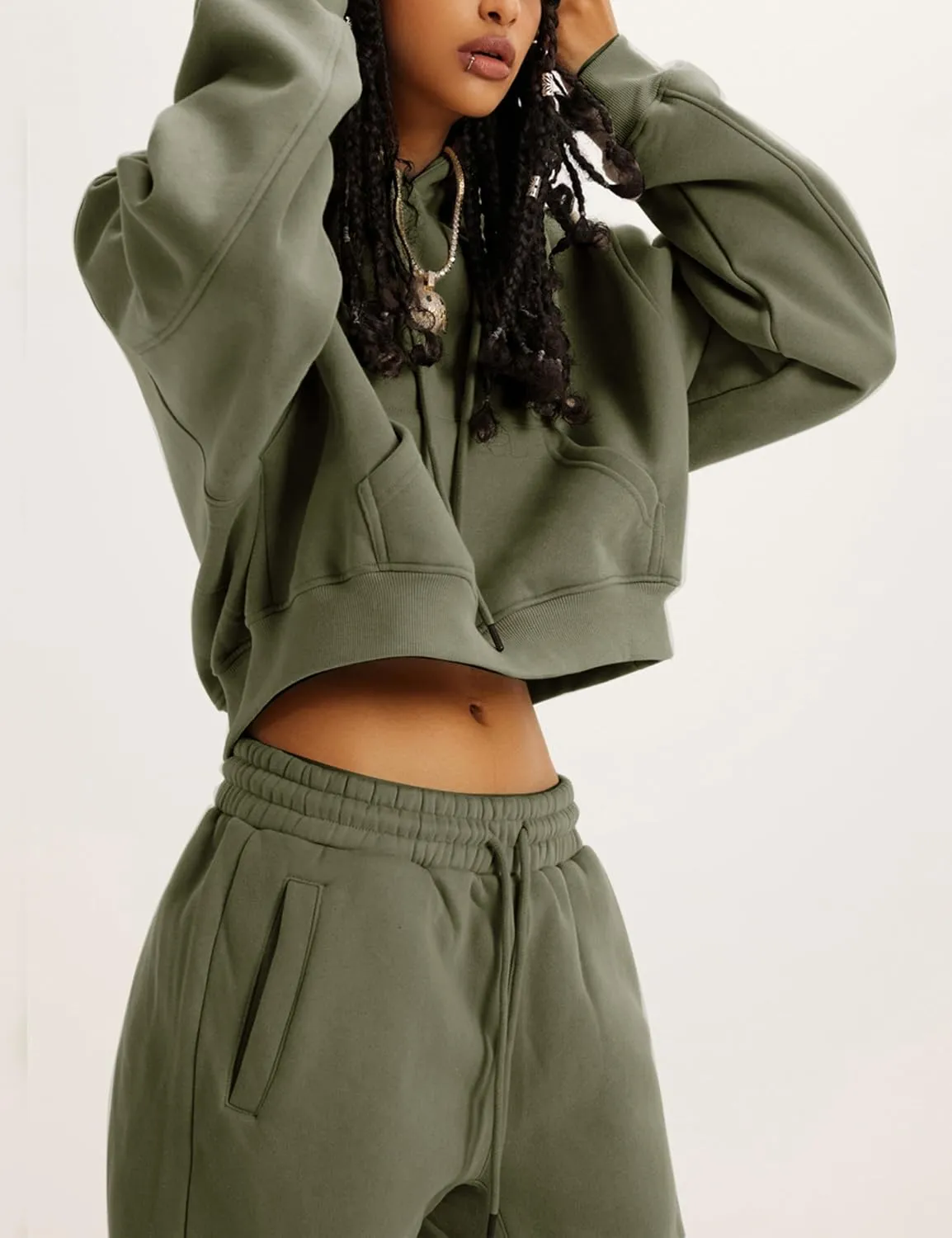 Womens Fleece 2 Piece Outfits Sweatsuit Crop Hooded Pullover Sweatshirt Top Jogger Sweatpants Tracksuits Set