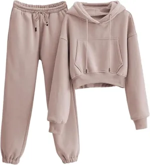 Womens Fleece 2 Piece Outfits Sweatsuit Crop Hooded Pullover Sweatshirt Top Jogger Sweatpants Tracksuits Set