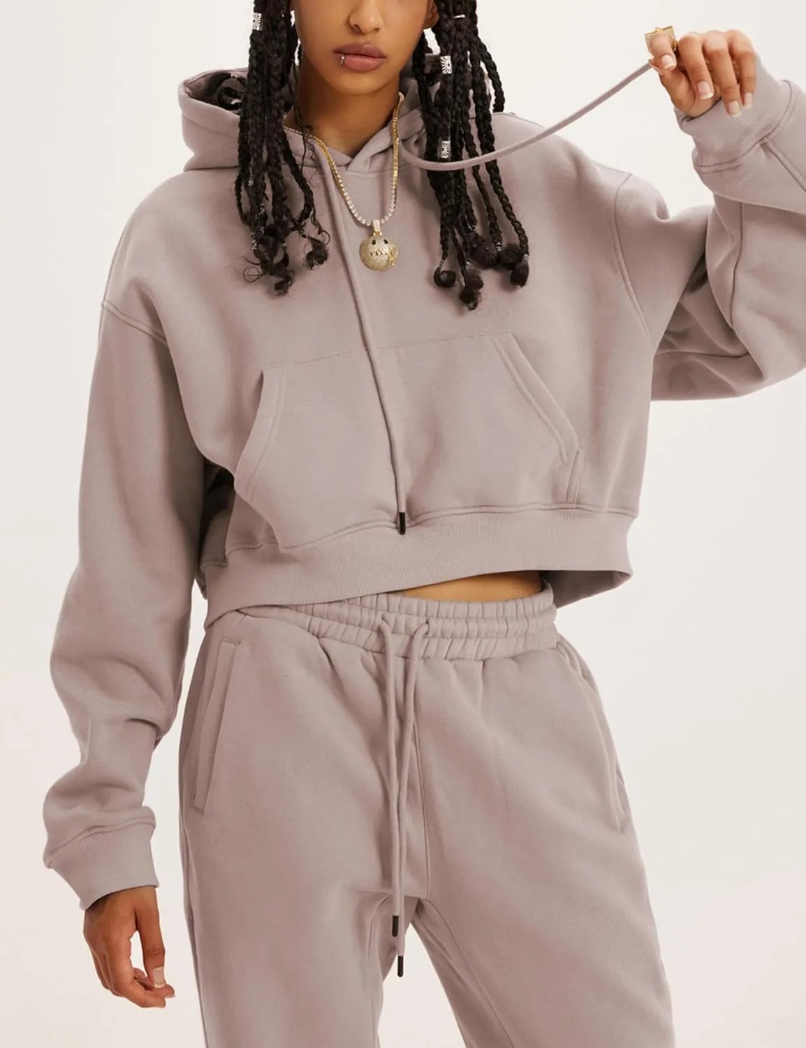 Womens Fleece 2 Piece Outfits Sweatsuit Crop Hooded Pullover Sweatshirt Top Jogger Sweatpants Tracksuits Set