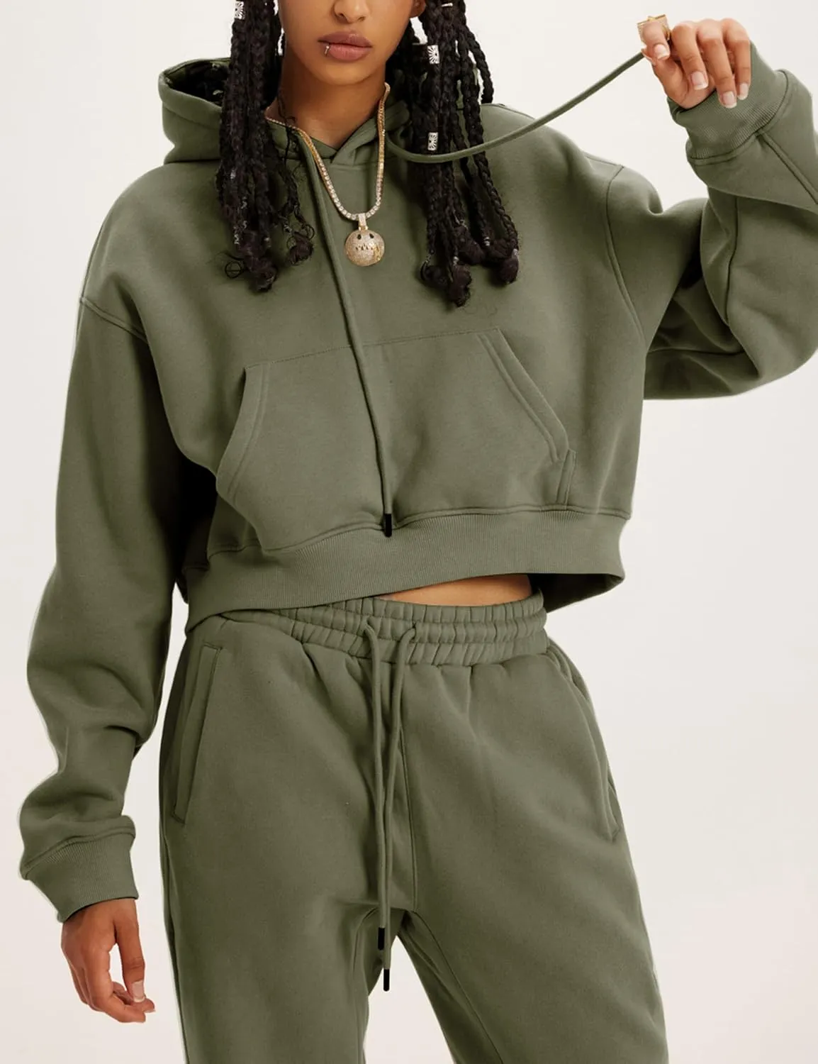 Womens Fleece 2 Piece Outfits Sweatsuit Crop Hooded Pullover Sweatshirt Top Jogger Sweatpants Tracksuits Set
