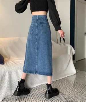 Women's High Waist Denim Skirt Spring 2025 Double Buttons Side Split Skirt Korean Fashion Long Jeans Skirts