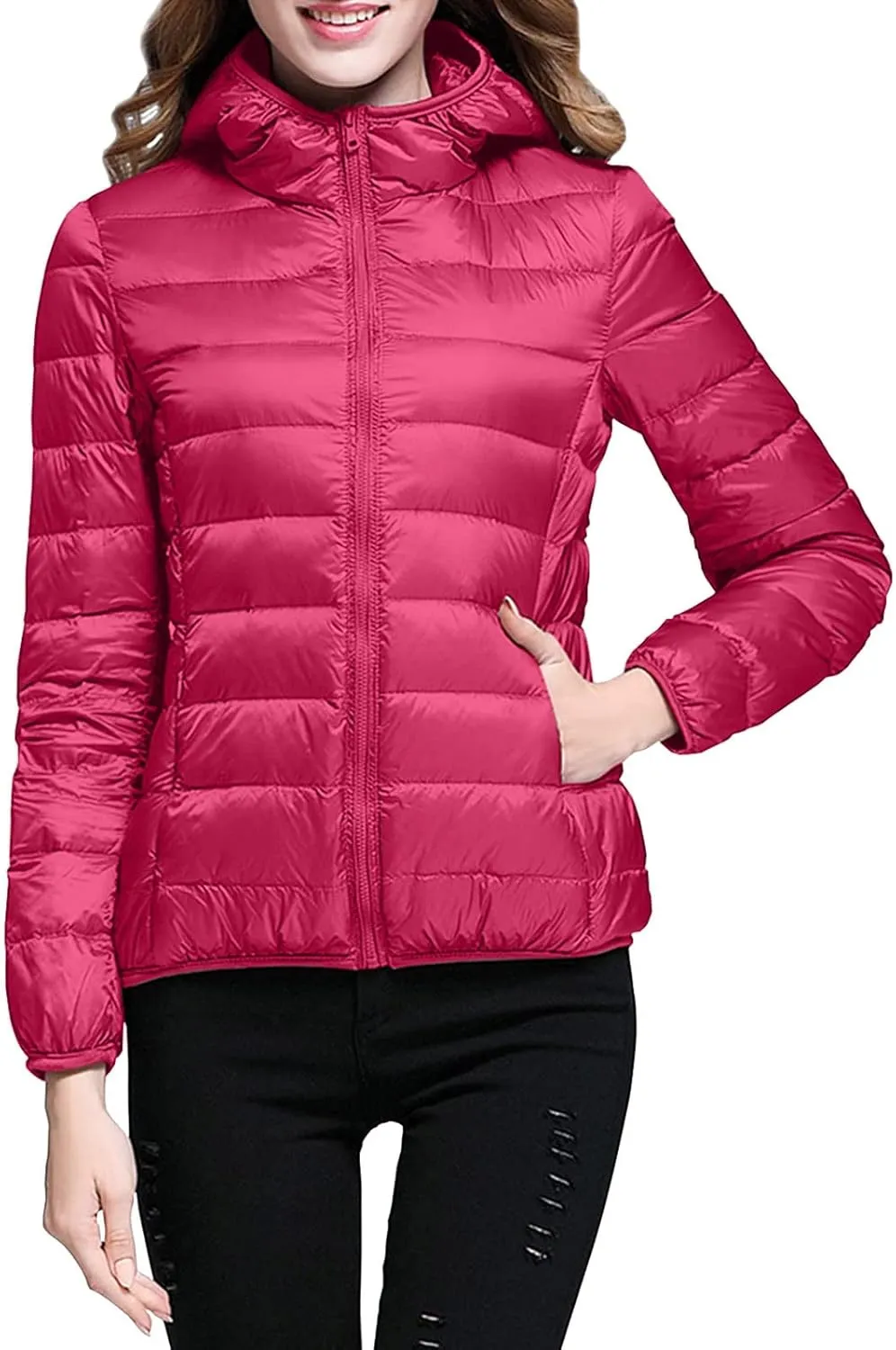 Women's Hooded Packable Puffer Jackets Trendy Winter Lightweight Warm Down Coats Slim Windproof Duck Down Outwear