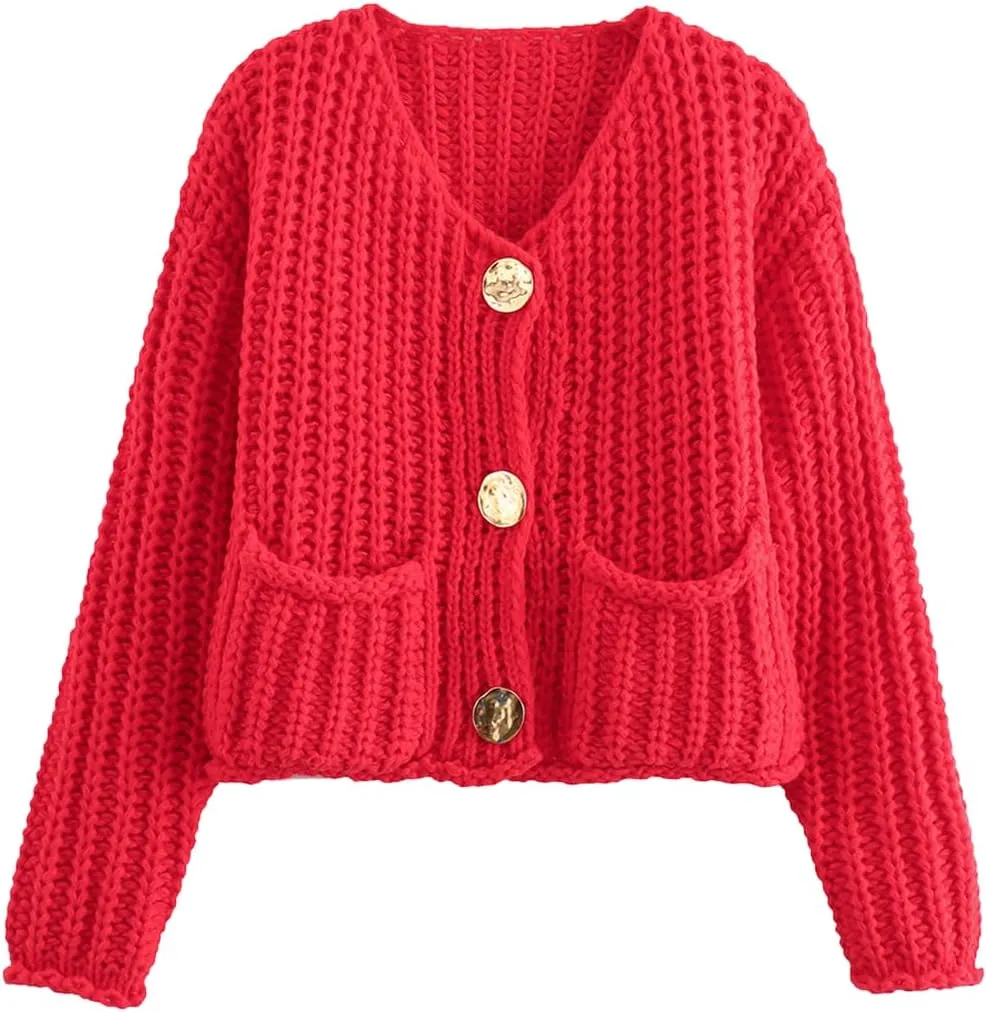 Women's Knit Cardigans Button Down Sweater Long Sleeve V Neck Chunky Cardigan Sweaters with Pockets