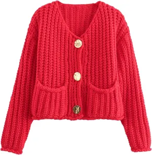Women's Knit Cardigans Button Down Sweater Long Sleeve V Neck Chunky Cardigan Sweaters with Pockets