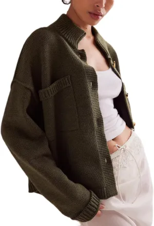 Women's Knitted Cardigans Sweaters Stand Collar Button Sweater Coat Open Front Cardigans Pullover Lightweight Outwear