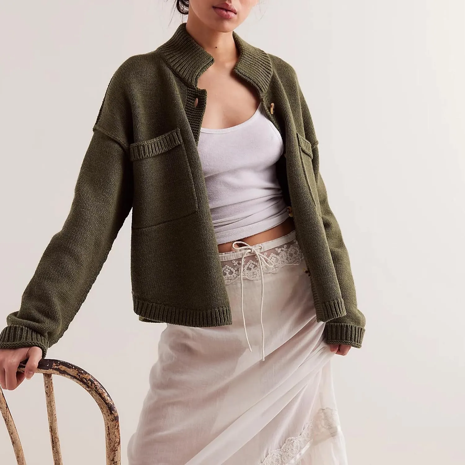 Women's Knitted Cardigans Sweaters Stand Collar Button Sweater Coat Open Front Cardigans Pullover Lightweight Outwear