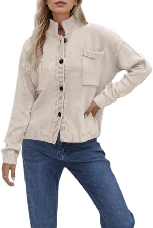 Women's Knitted Cardigans Sweaters Stand Collar Button Sweater Coat Open Front Cardigans Pullover Lightweight Outwear