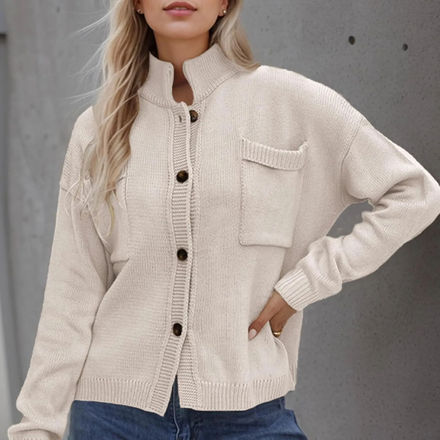Women's Knitted Cardigans Sweaters Stand Collar Button Sweater Coat Open Front Cardigans Pullover Lightweight Outwear