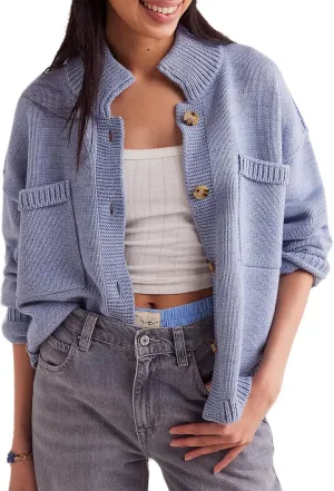 Women's Knitted Cardigans Sweaters Stand Collar Button Sweater Coat Open Front Cardigans Pullover Lightweight Outwear