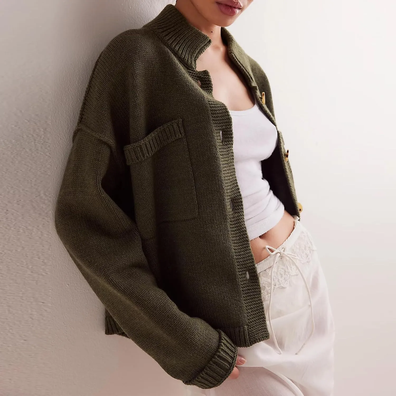 Women's Knitted Cardigans Sweaters Stand Collar Button Sweater Coat Open Front Cardigans Pullover Lightweight Outwear