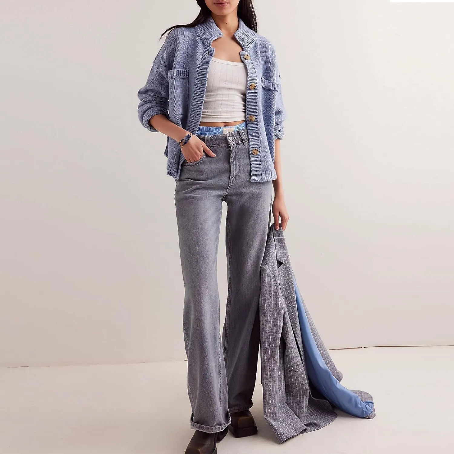 Women's Knitted Cardigans Sweaters Stand Collar Button Sweater Coat Open Front Cardigans Pullover Lightweight Outwear
