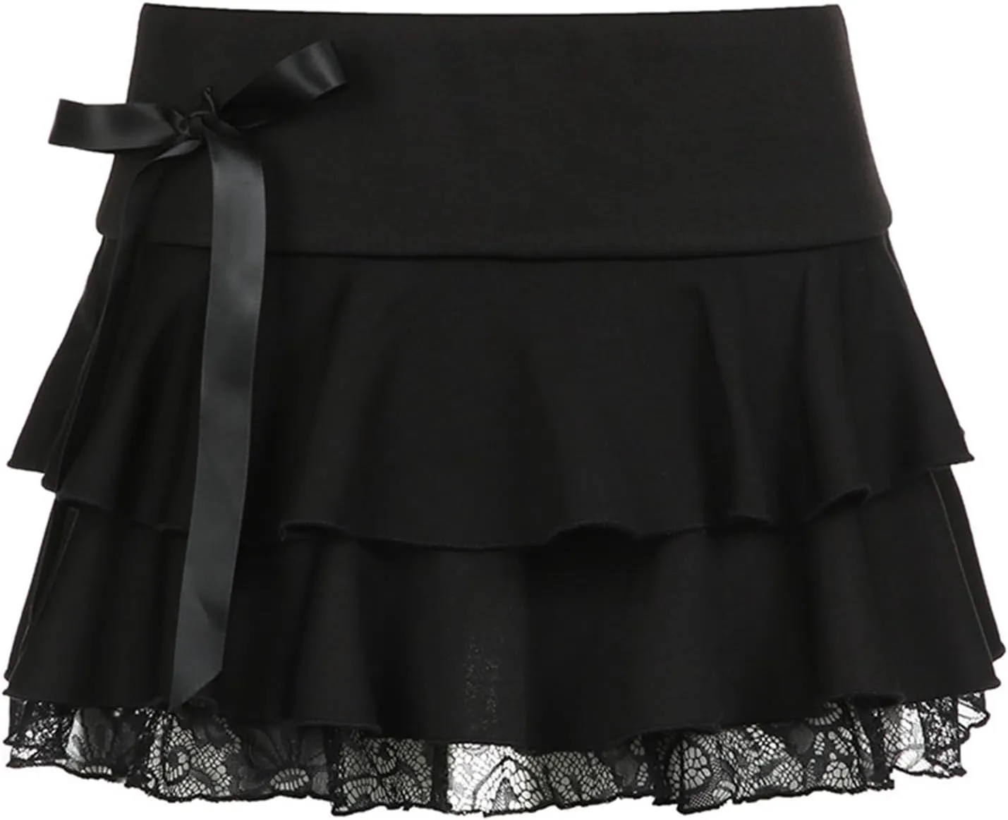 Womens Lace Patchwork Mini Pleated Skirts Irregular Layered Pleated Sexy Elastic Waist Ruffles Lingerie Short Skirts