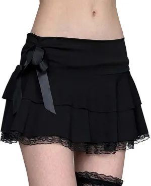 Womens Lace Patchwork Mini Pleated Skirts Irregular Layered Pleated Sexy Elastic Waist Ruffles Lingerie Short Skirts