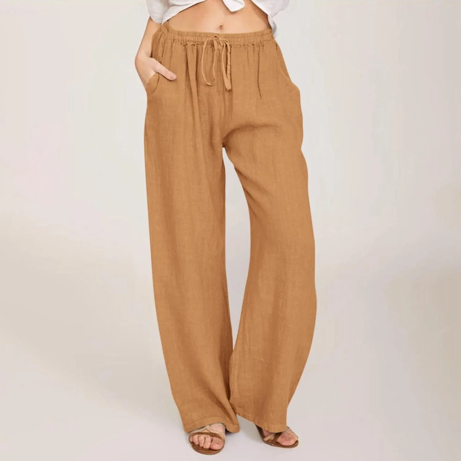 Womens Linen Pants Wide Leg Baggy High Waisted Pants Straight Leg Beach Trousers Flowy Pull on Pants with Pockets