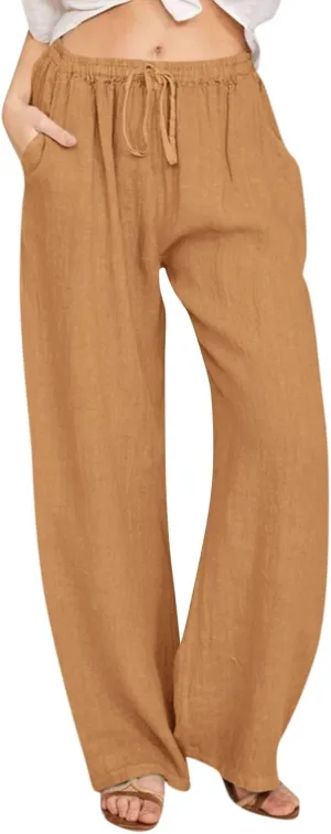 Womens Linen Pants Wide Leg Baggy High Waisted Pants Straight Leg Beach Trousers Flowy Pull on Pants with Pockets