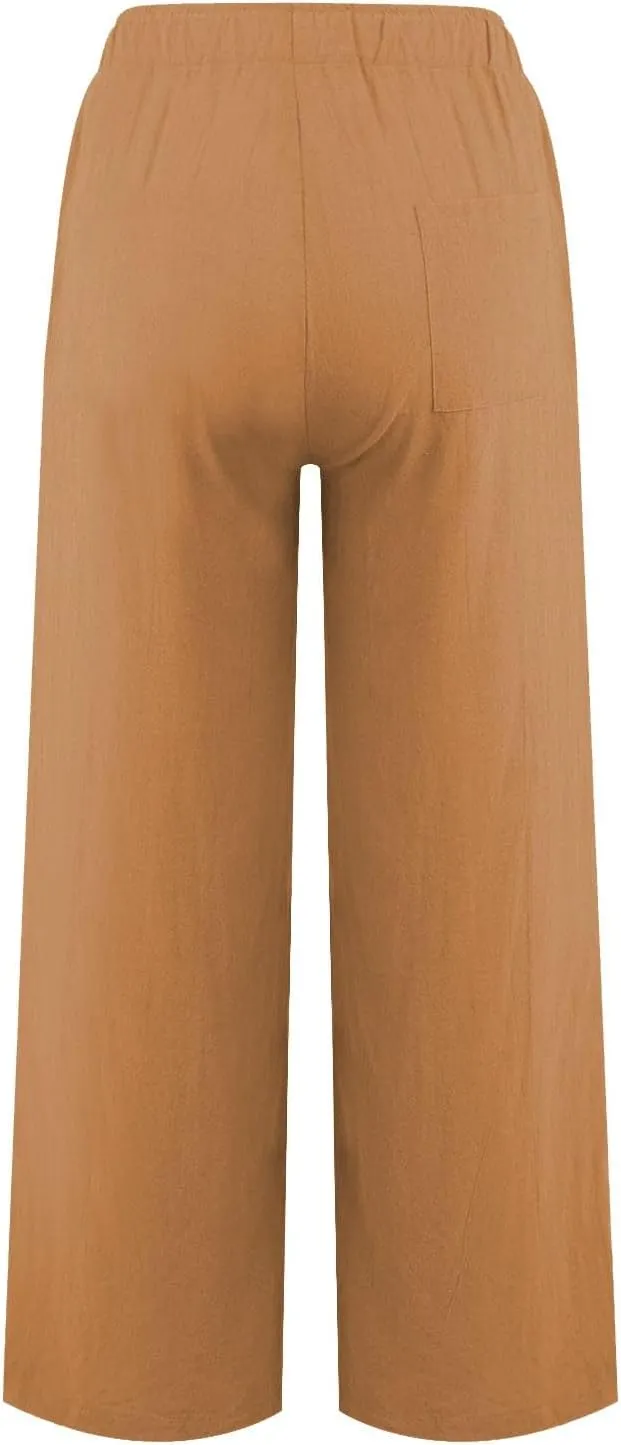 Womens Linen Pants Wide Leg Baggy High Waisted Pants Straight Leg Beach Trousers Flowy Pull on Pants with Pockets