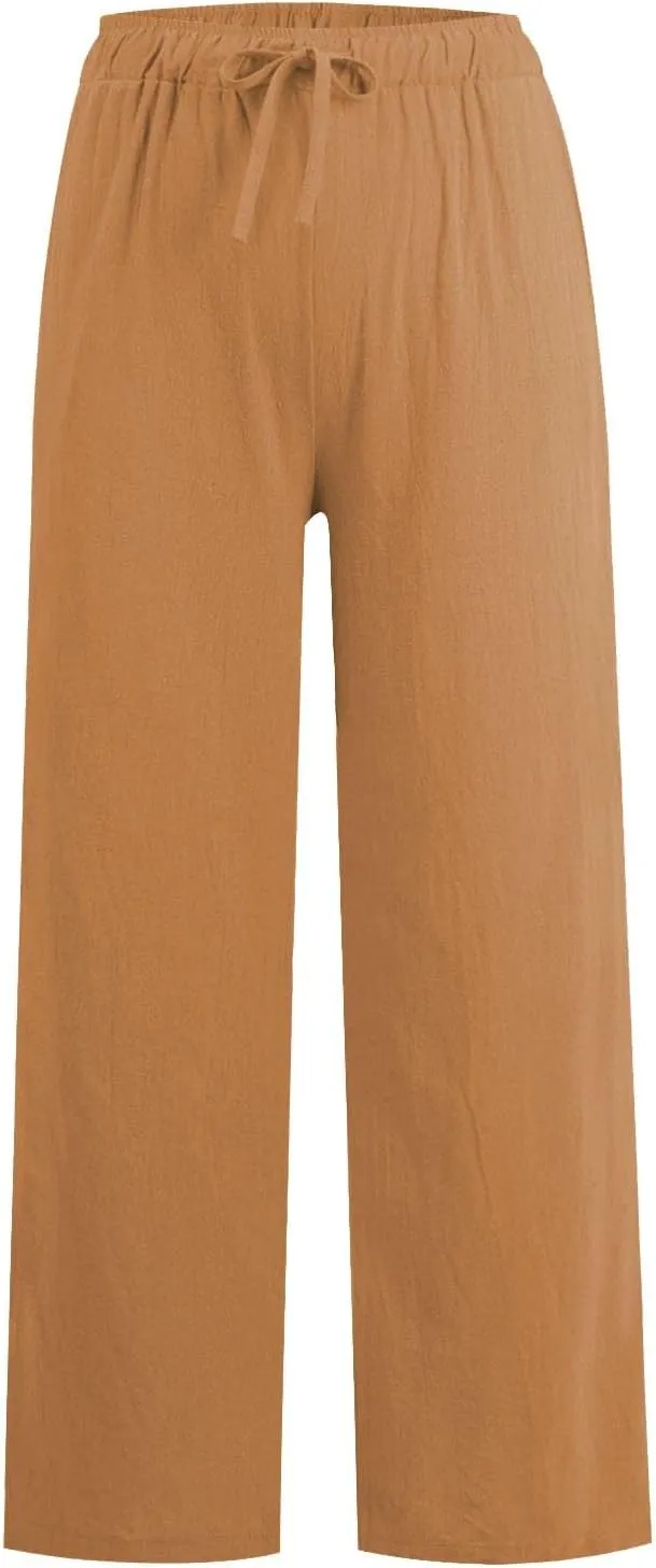 Womens Linen Pants Wide Leg Baggy High Waisted Pants Straight Leg Beach Trousers Flowy Pull on Pants with Pockets