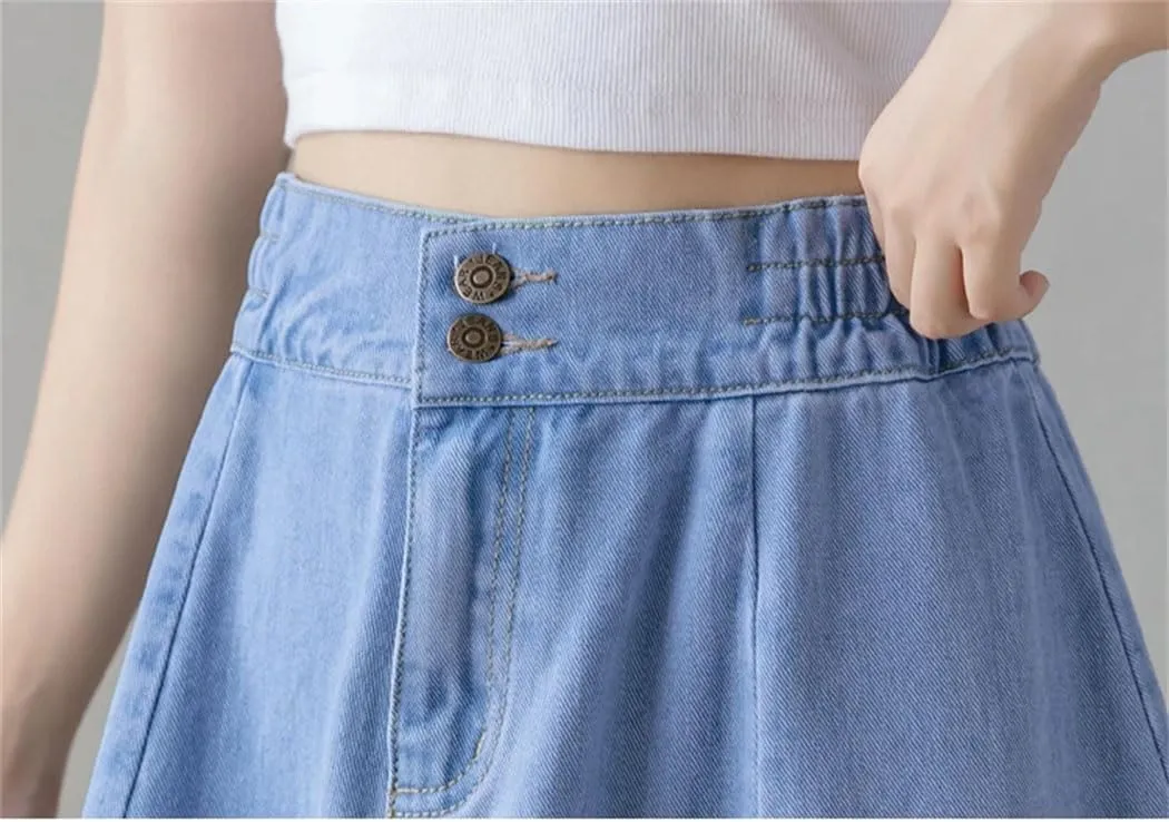 Women's Long Loose Big Swing A-Line Denim Skirts Vintage Streetwear Elastic High Waist Jeans Skirt
