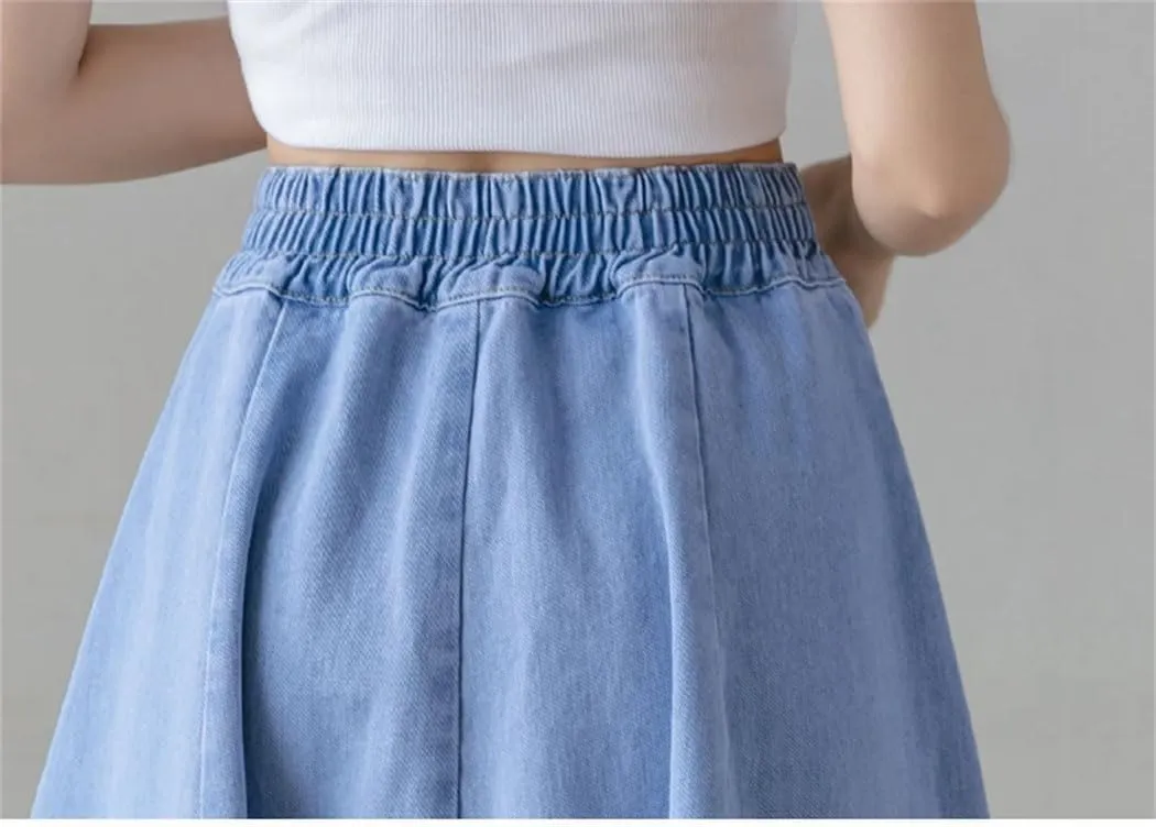 Women's Long Loose Big Swing A-Line Denim Skirts Vintage Streetwear Elastic High Waist Jeans Skirt
