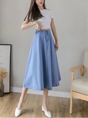 Women's Long Loose Big Swing A-Line Denim Skirts Vintage Streetwear Elastic High Waist Jeans Skirt