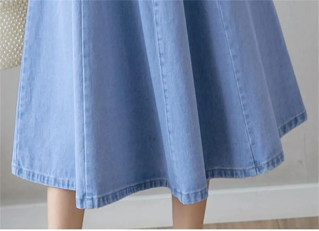 Women's Long Loose Big Swing A-Line Denim Skirts Vintage Streetwear Elastic High Waist Jeans Skirt