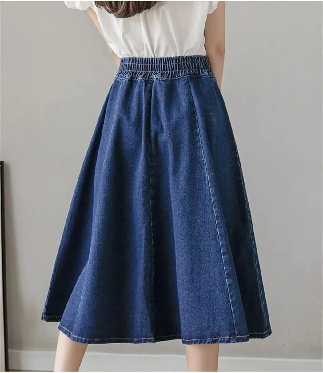 Women's Long Loose Big Swing A-Line Denim Skirts Vintage Streetwear Elastic High Waist Jeans Skirt