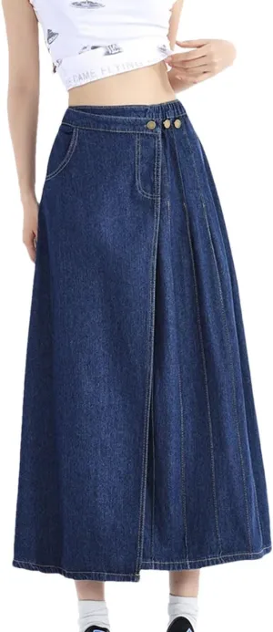 Women's Long Pleated Denim Skirt High Waist A Line Maxi Jean Skirt 2025 Spring Casual Streetwear