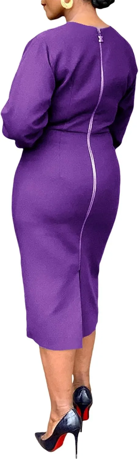 Women's Long Sleeve Bodycon Midi Dress Casual Solid Color Crew Neck Wrap Back Slit Cocktail Party Pencil Dresses