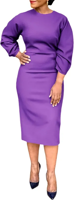 Women's Long Sleeve Bodycon Midi Dress Casual Solid Color Crew Neck Wrap Back Slit Cocktail Party Pencil Dresses