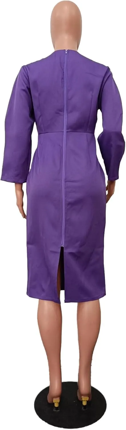 Women's Long Sleeve Bodycon Midi Dress Casual Solid Color Crew Neck Wrap Back Slit Cocktail Party Pencil Dresses
