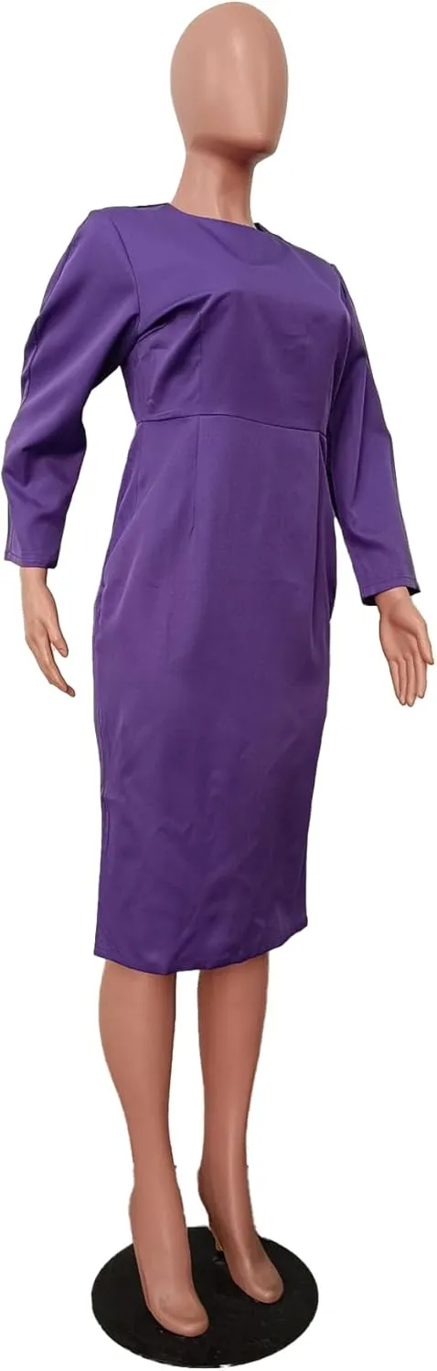 Women's Long Sleeve Bodycon Midi Dress Casual Solid Color Crew Neck Wrap Back Slit Cocktail Party Pencil Dresses