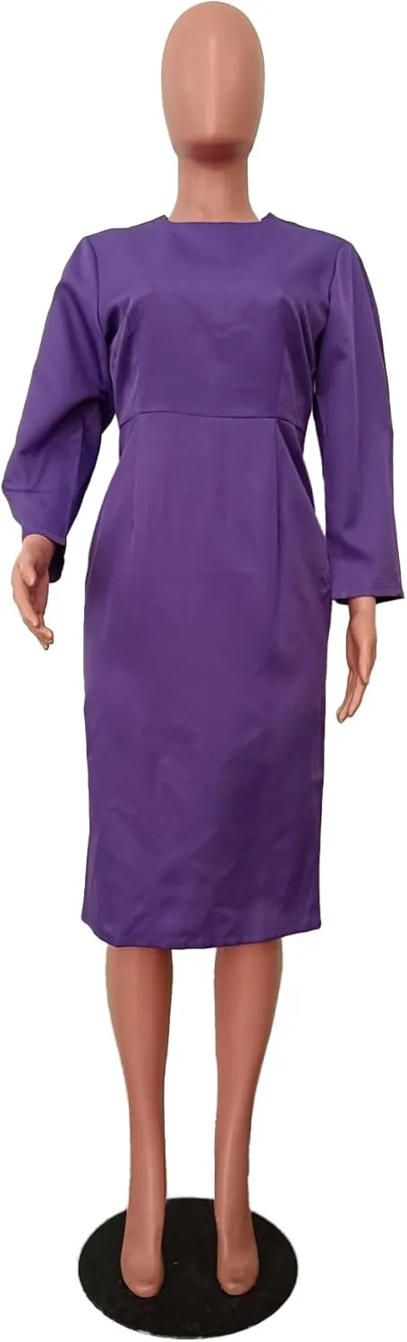 Women's Long Sleeve Bodycon Midi Dress Casual Solid Color Crew Neck Wrap Back Slit Cocktail Party Pencil Dresses