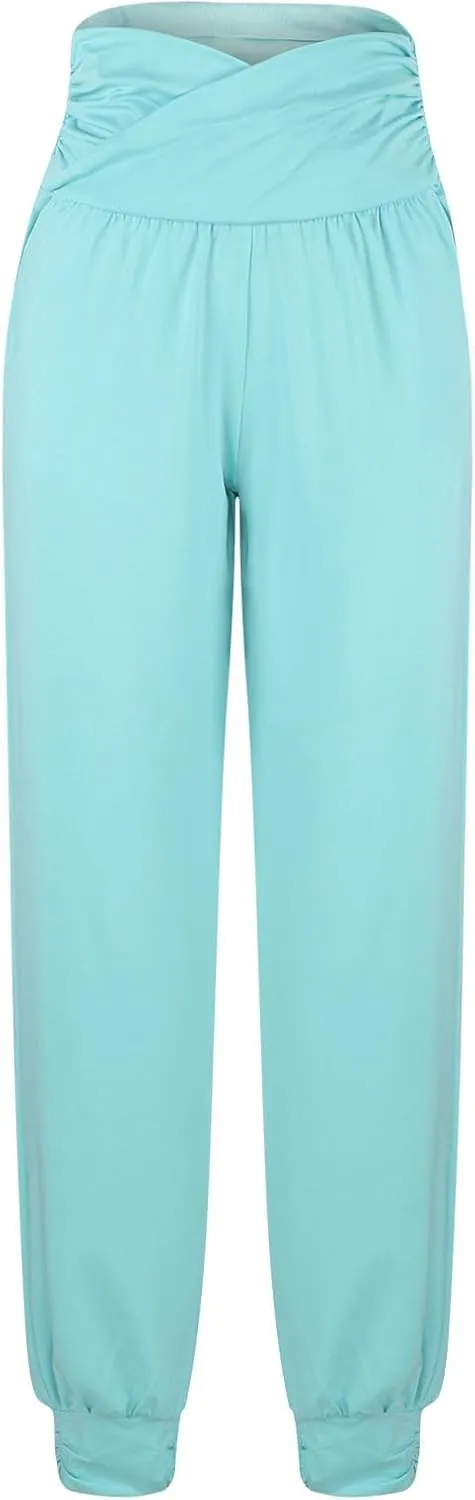 Women's Lounge Pants Super Stretchy Skinny Elastic Waist Pants Outdoor Sports Casual Wide Tapered Pants with Pockets