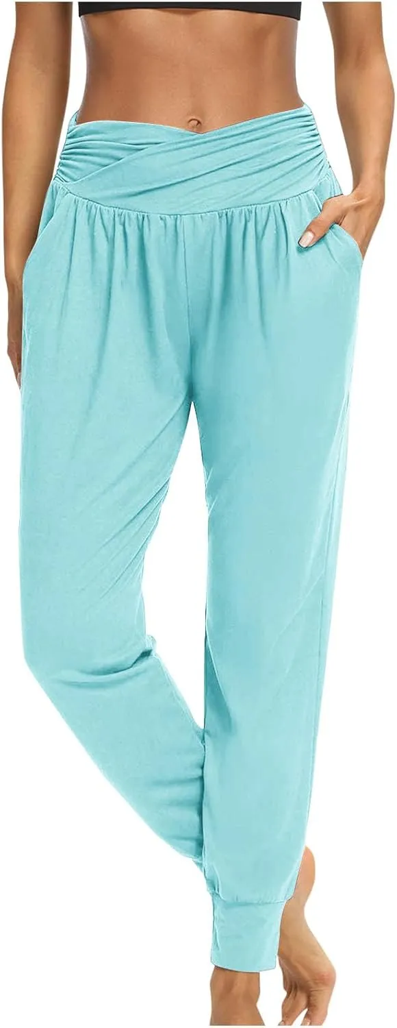Women's Lounge Pants Super Stretchy Skinny Elastic Waist Pants Outdoor Sports Casual Wide Tapered Pants with Pockets